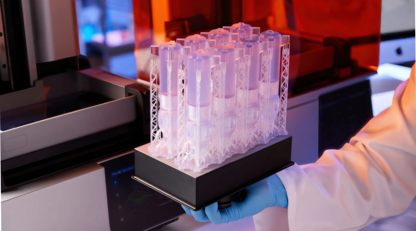 Платформа Formlabs Build Platform Flex с партией готовых фотополимерных моделей после печати на 3D-принтере Formlabs Form 4, готовых к мойке и дальнейшей постобработке.