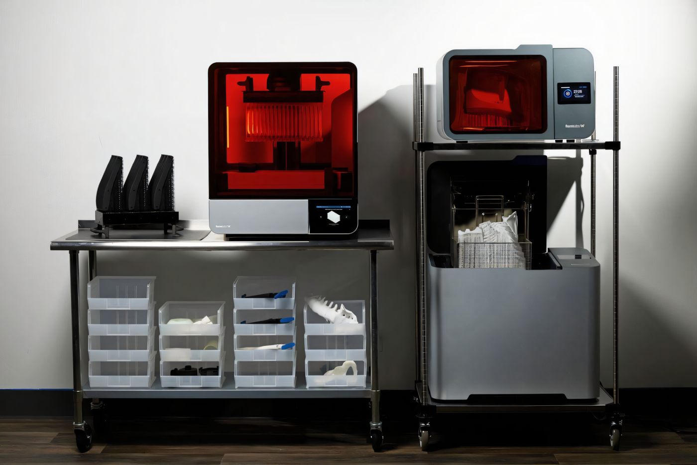 Широкоформатный 3D-принтер Formlabs Form 4L в процессе печати большой фотополимерной детали с поддержками