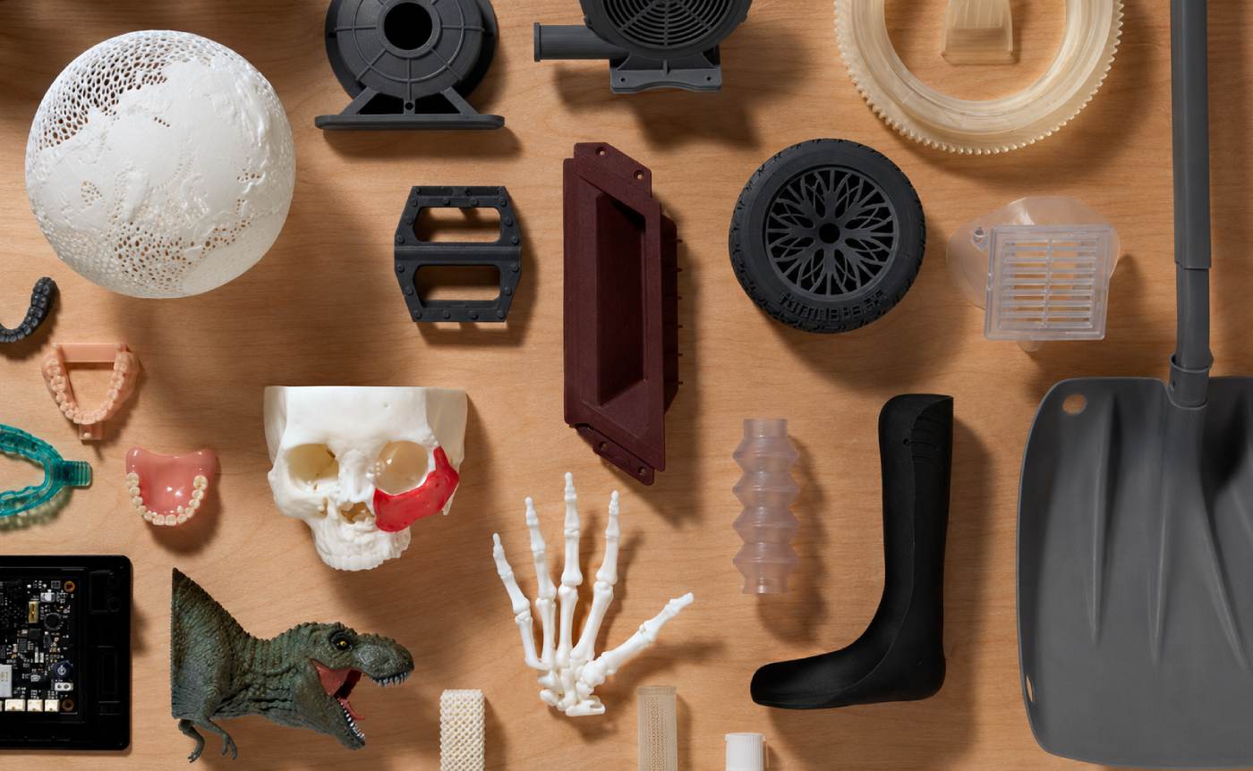 Examples of products printed on the large-format SLA 3D printer Formlabs Form 4L from engineering, medical, and standard photopolymers