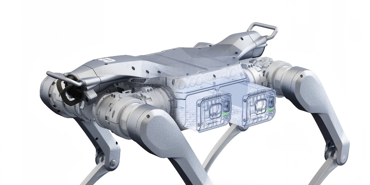 Технічний 3D-рендеринг внутрішньої будови робо-собаки Unitree A2-W Pro із двома акумуляторами.