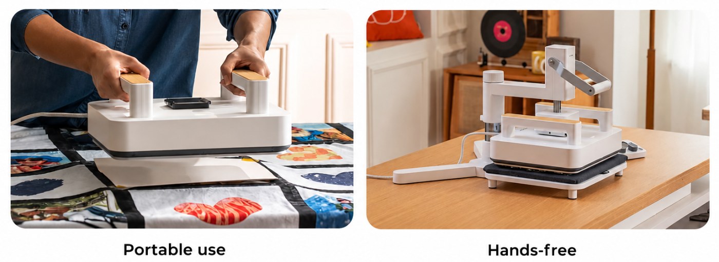 xTool Smart Press у портативному та hands-free режимах для термоперенесення на текстиль і вироби
