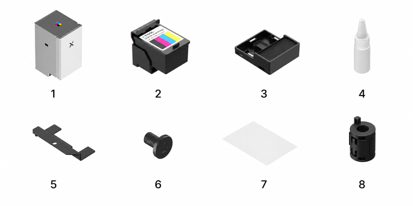 Комплектація модуля струменевого кольорового друку xTool M2 CMYK Inkjet Printing Module для лазерного гравера xTool M2 з картриджем, системою подачі чорнила та монтажними аксесуарами.