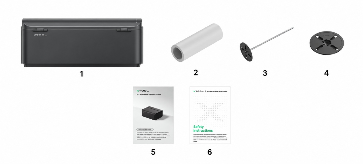 Комплектація xTool RF1 для принтера O1 Omni: пристрій подачі рулонної плівки, рулон плівки, лівий фланець із напрямним валом, правий фланець та інструкції.