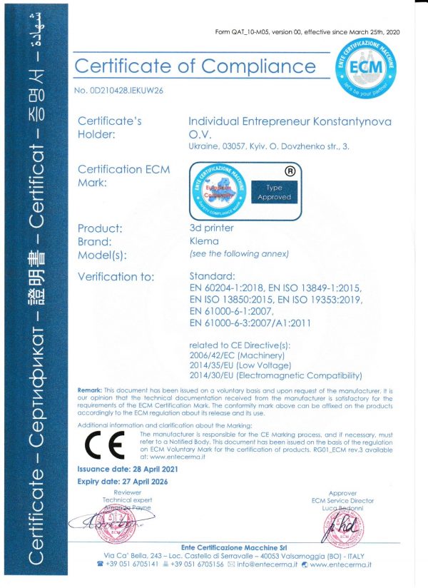 3D printer KLEMA certificate-1