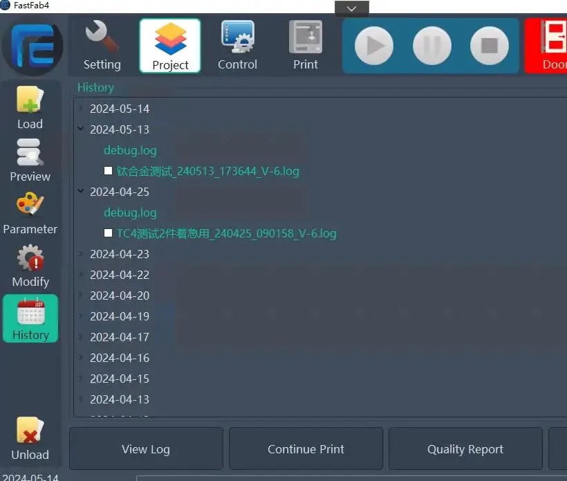 Metal alloy 3D printing: print log on the display